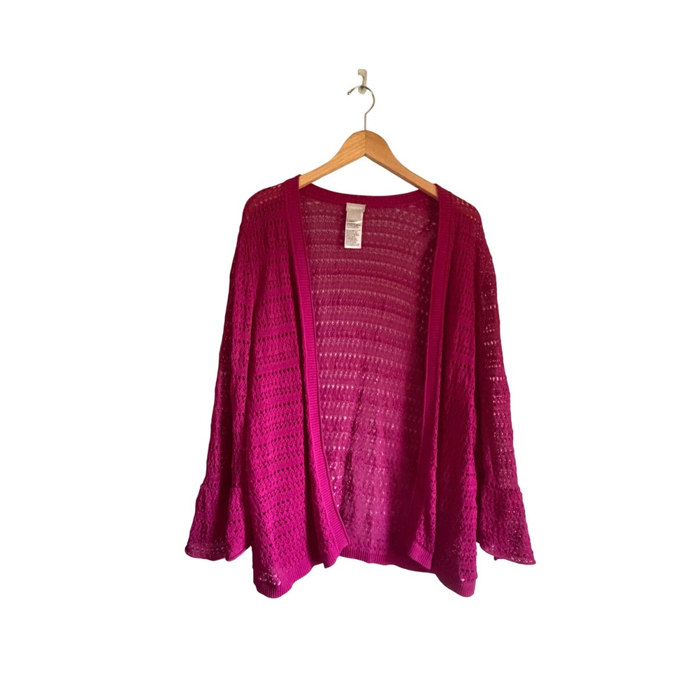 Chicos Womens Magenta Pink Pointelle Crochet Open Front Cardigan Bell Sleeve Sz2